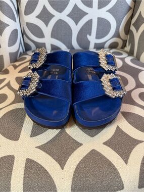 Blue Velvet Slide Sandals with Crystal Buckles